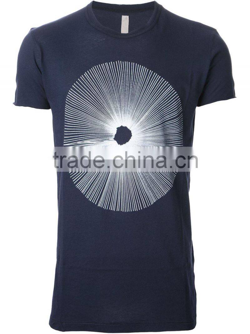 dark blue navy ribbed crew neck sunburst graphic fancy print T-shirt