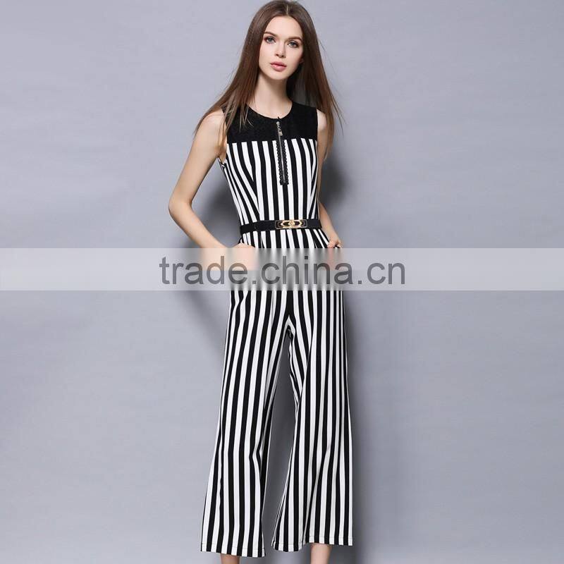 2017 Guangzhou wholesale stripe casual comfort unique mature elegant summer sleeveless jumpsuit with belt for ladies