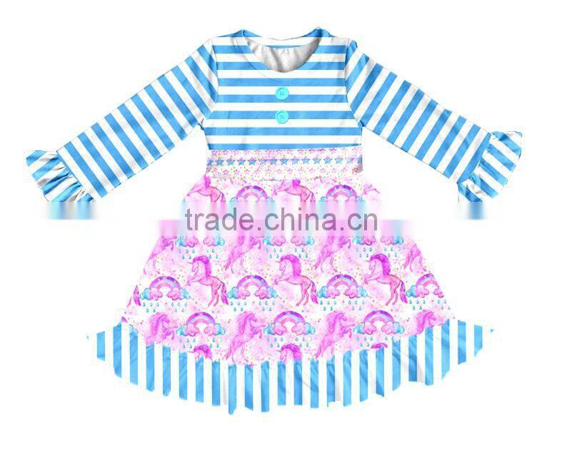 Yiwu supplier boutique girls fancy cartoon unicorn printed dress smocked baby soft cotton frock girl clothing