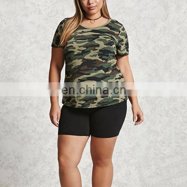 Guangzhou plus size womens clothes contrast crew neckline camo t shirt
