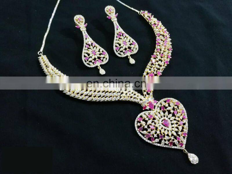 Pink Color Blossomy Heart Gold Plated American Diamond Jewelry Necklace Earrings Set