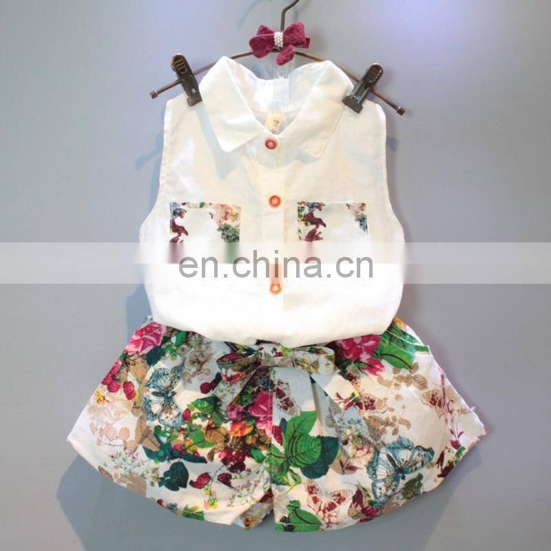 Girl Summer Boutique Outfit Kids sleeveless Tops + Flower Print Shorts 2pcs Set