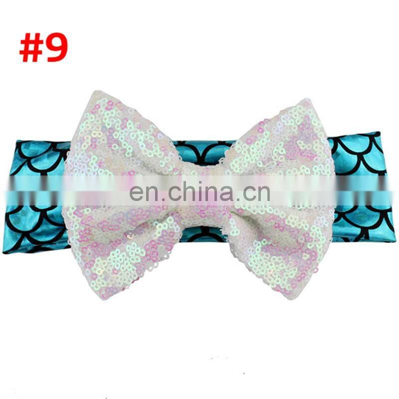 5Inches Girl Mermaid Sequins Headband Baby Glitter Hairbow Dance Party headwear 10Colors