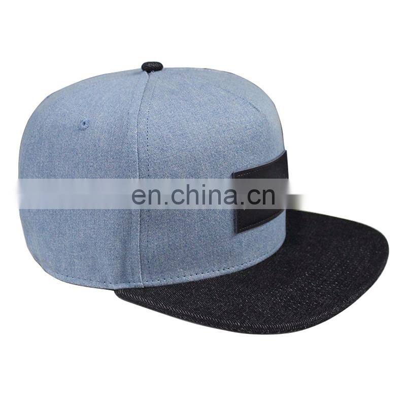 Wholesale 5 panel leather patch logo denim snapback cap