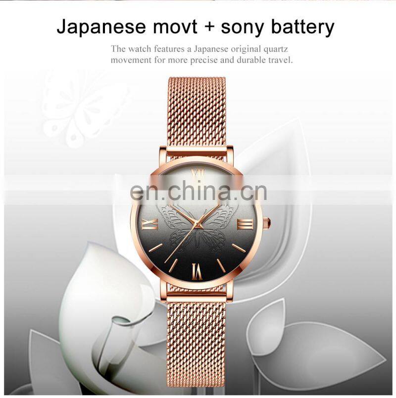 Hannah Martin 13620 Women Watch Luxury 3D Butterfly Rose Gold Mesh Strap Japanese Movement Waterproof Quartz Women Wristwatch