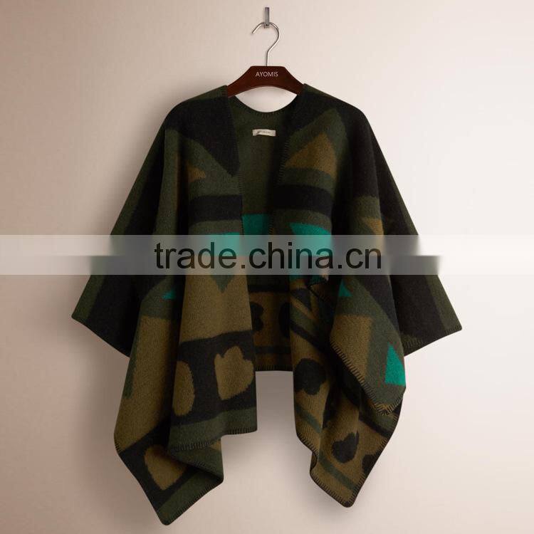High Quality Korean Fashion Geometry Green Woman Wool Poncho Shawl