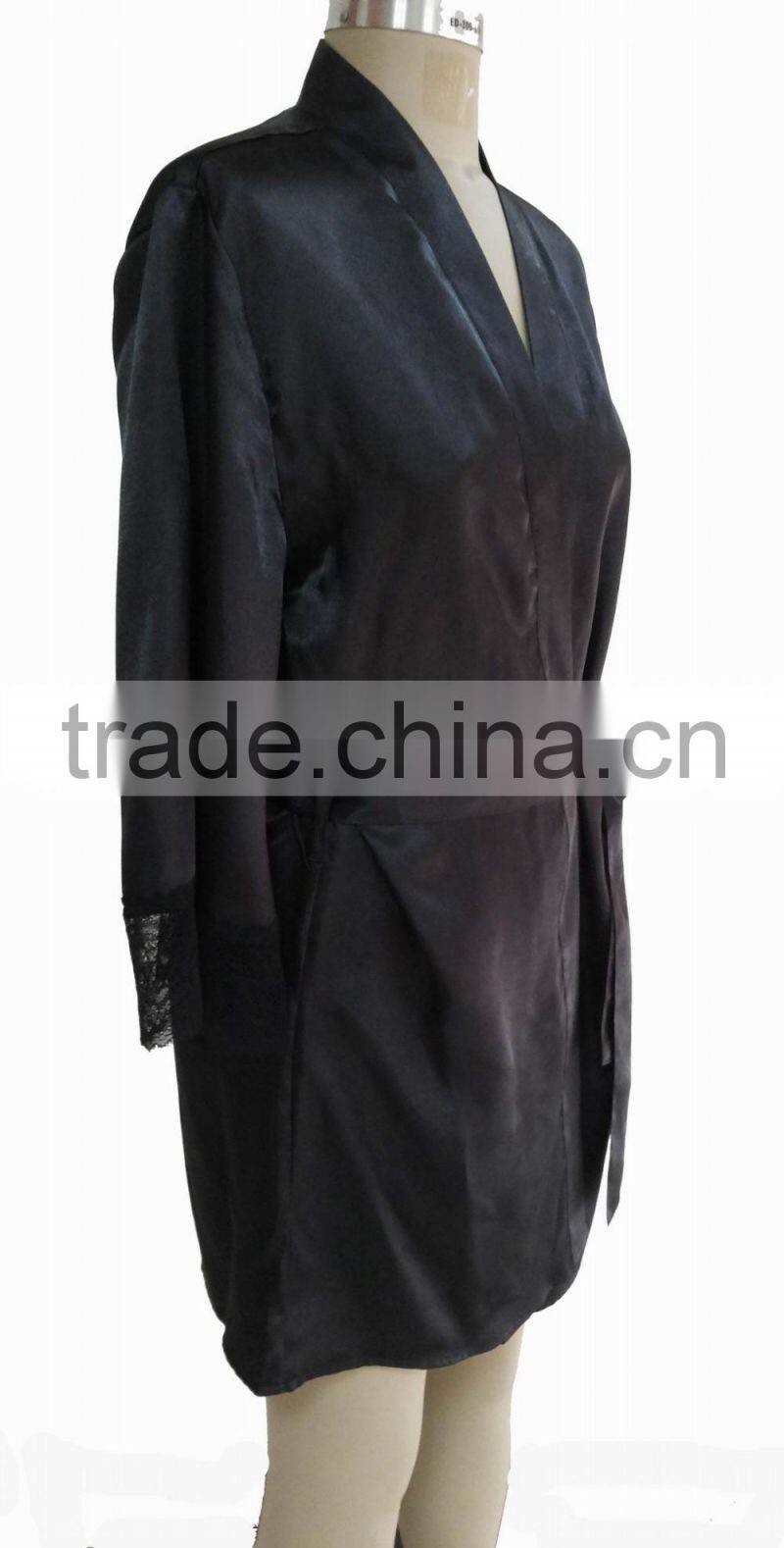 comfortable women black satin lace robe