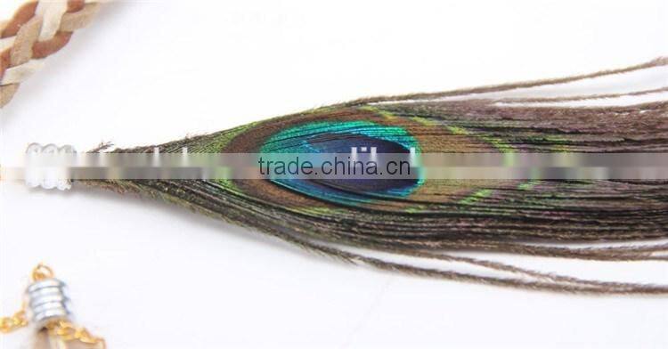 DSHB01 Tribal hair band indian peacock feather pendant headband golden leaves rope knitted belt elastic hairband