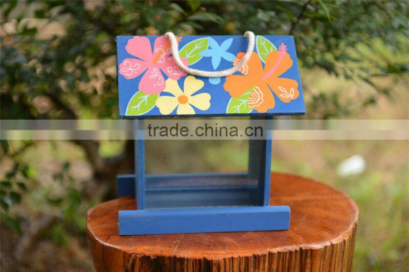 OEM and FSC blue wooden bird feeder painting bird case