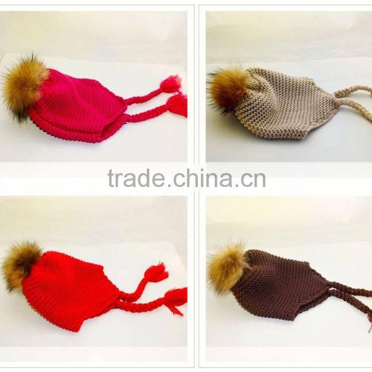 New Style Winter Warm Crochet Wool Baby Beanie Hat with Raccoon Fur Pom poms Ball/Earflaps