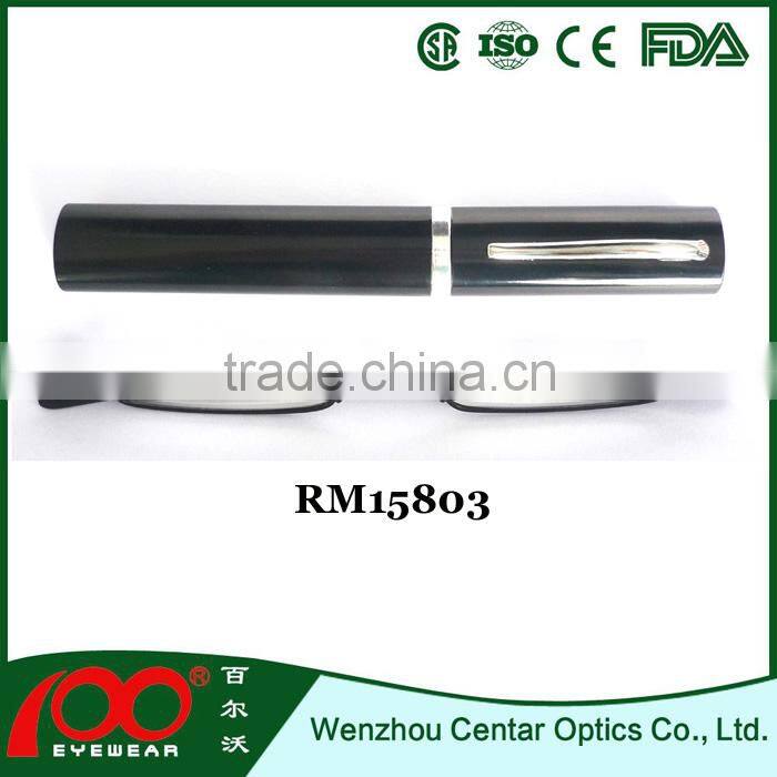 2015 Small frame reading glasses with metal case;Wholesale reading glasses;Slim Metal reading glasses with pen box
