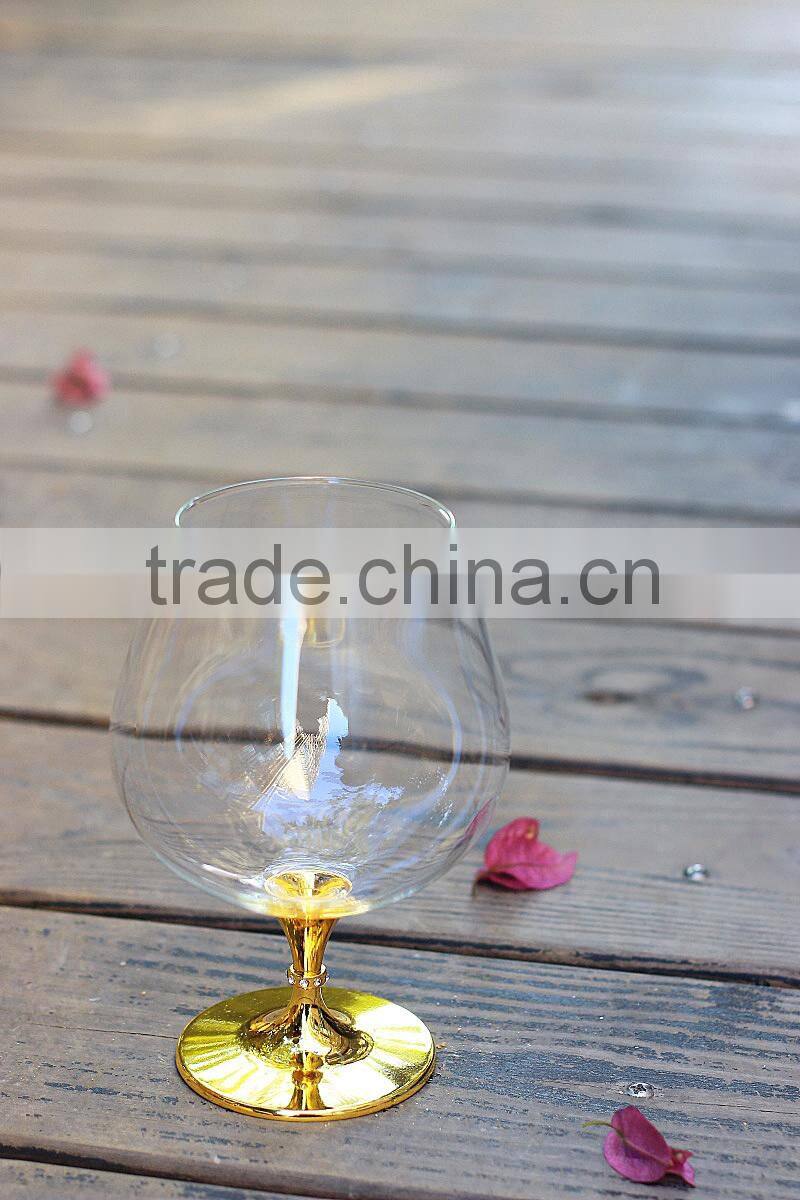 2015 new design clear crystal 680ml brandy glass with imitation gold stem