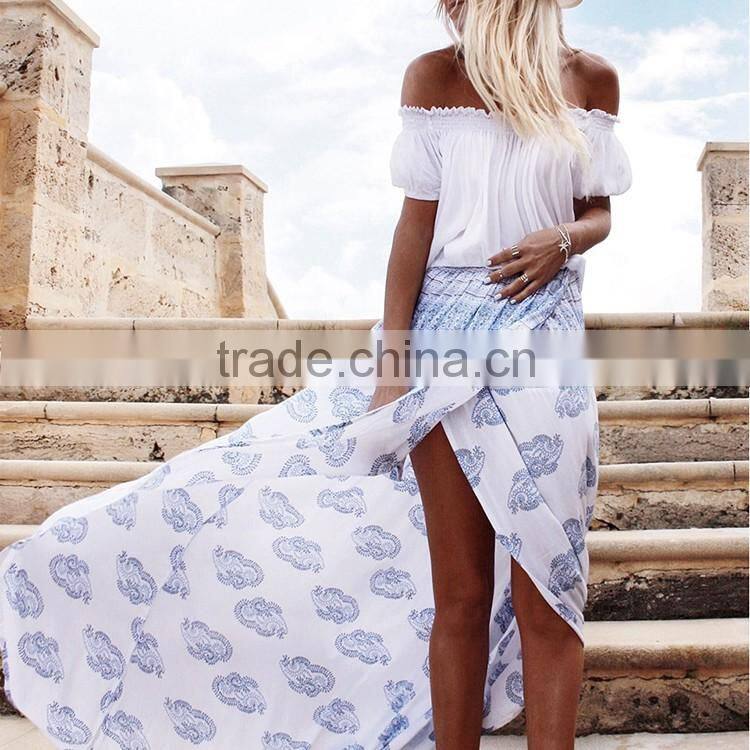 2016 Summer Fashion Women Printed Boho Beach Skirts Front Overlap Designs Chiffon Ethnic Long Maxi Skirt