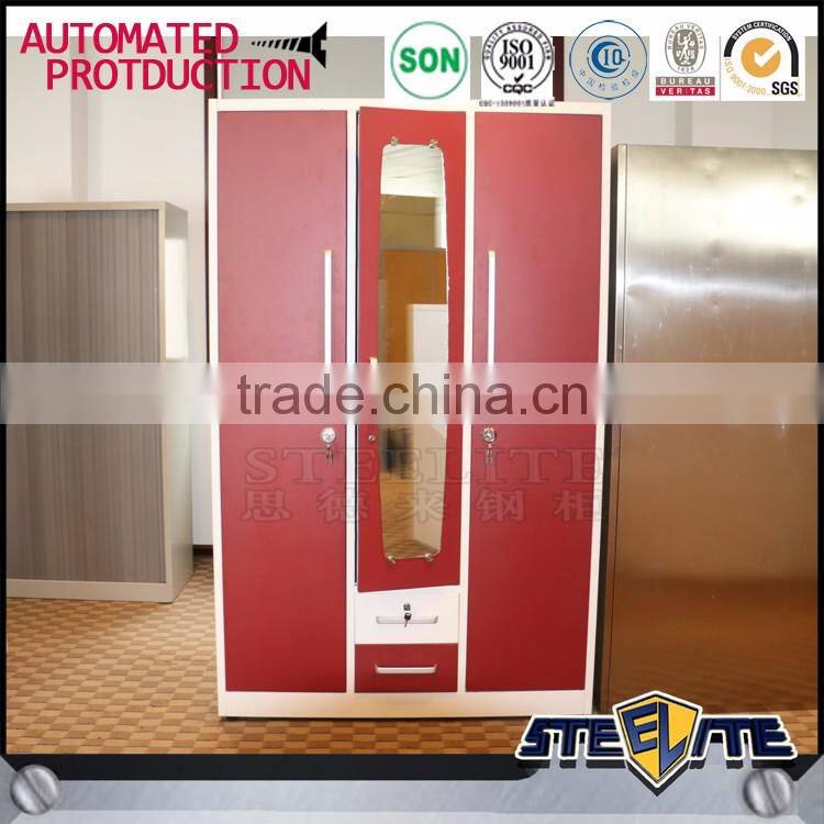 Bedroom furniture metal clothes closet 3 door wardrobe with mirror