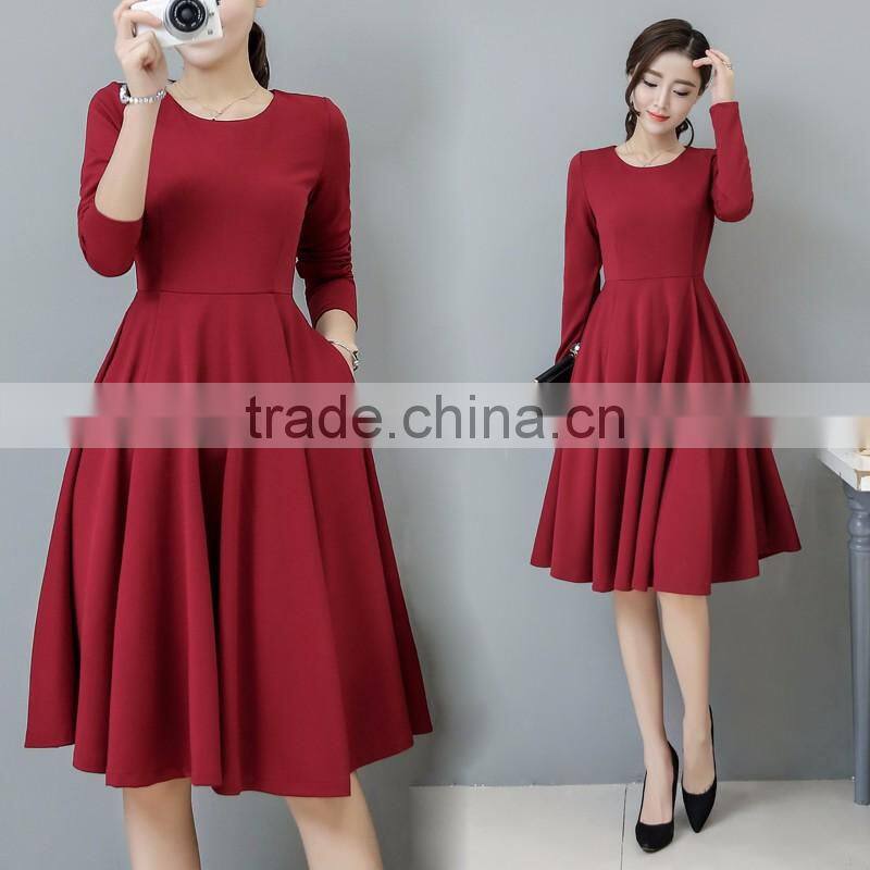 2016 customized manufacture fashionable Wholesale women plain color dress long-sleeve spring autumn ladies dress