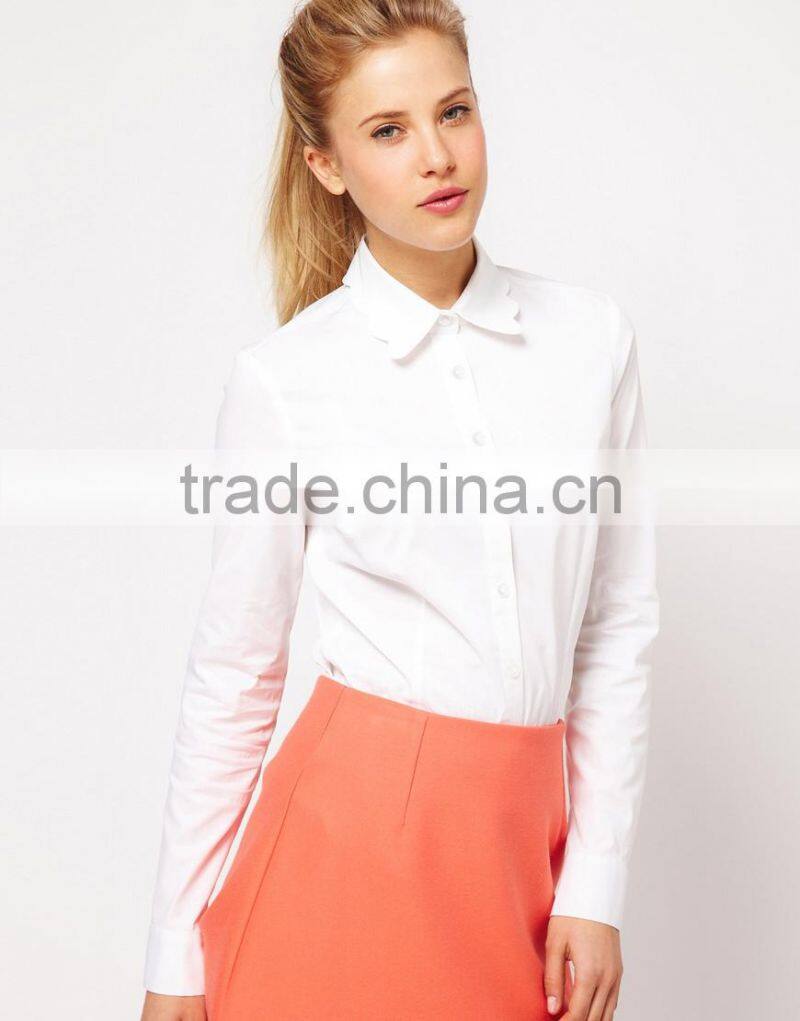 China supplier OEM ODM 2015 customized long sleeve new fashion Scallop Collar White Shirt