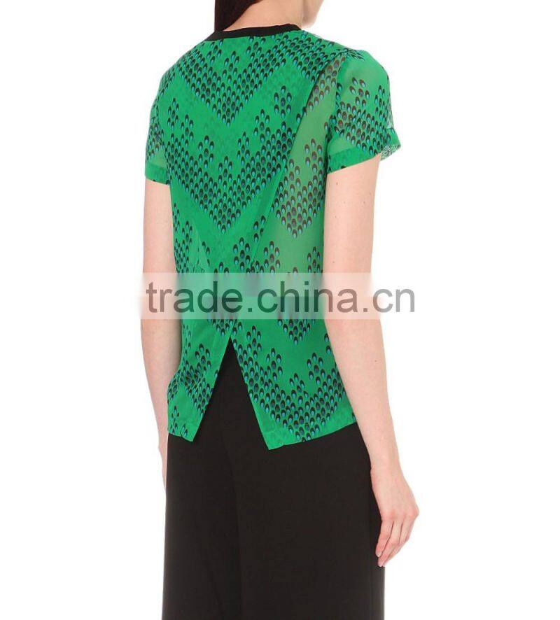 Wholesale Women Green Short Sleeves Round Neck Sheer Silk Top(DQE0092T)