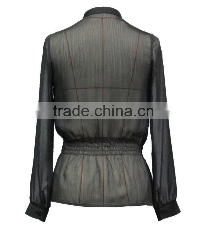 Good quality women black color fashion sheer chiffon blouse with ruffle