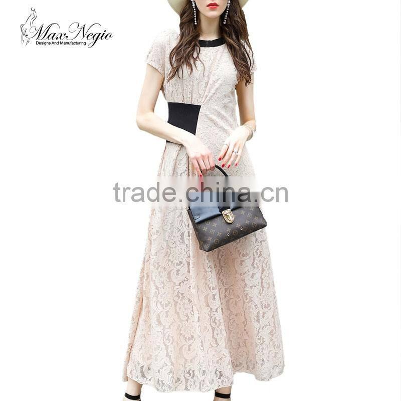 Maxnegio fashion lace patchwork maxi short sleeve lace casual dress