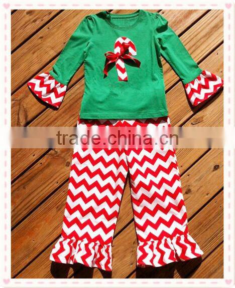 Custom Design Children Christmas Outifit Stripe Ruffle Baby Clothes Clothing Set