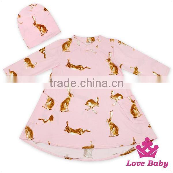 48BQA141 Lovebaby Easter Baby Printed Rabbit Long Sleeve With Two Pocket Kids Girls Holiday Dress