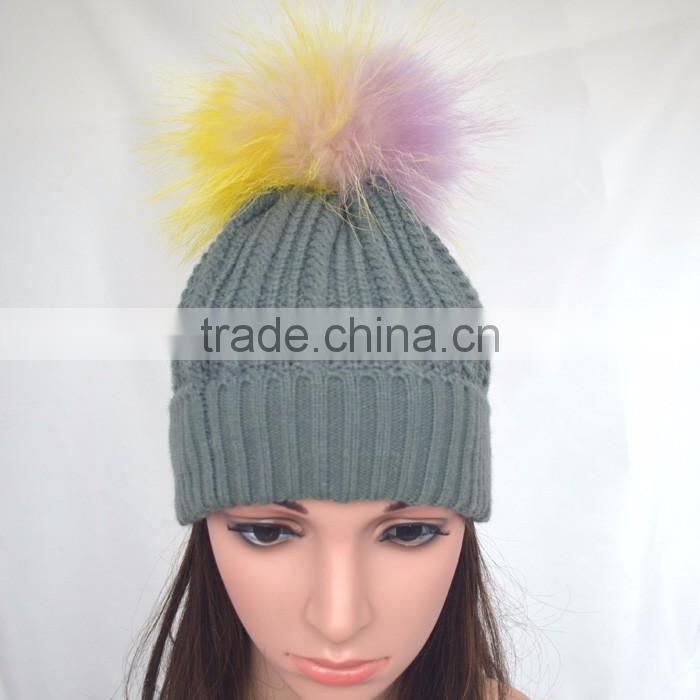 Myfur Grey Color Winter Striped Knitting Cap with Customized Big Fur Pom Pom