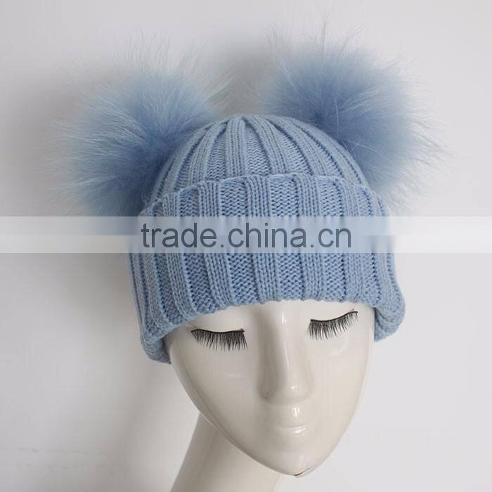 Myfur Red Raccoon Fur Pom Poms Wool Knitting Hat with Genuine Raccoon Fur Balls