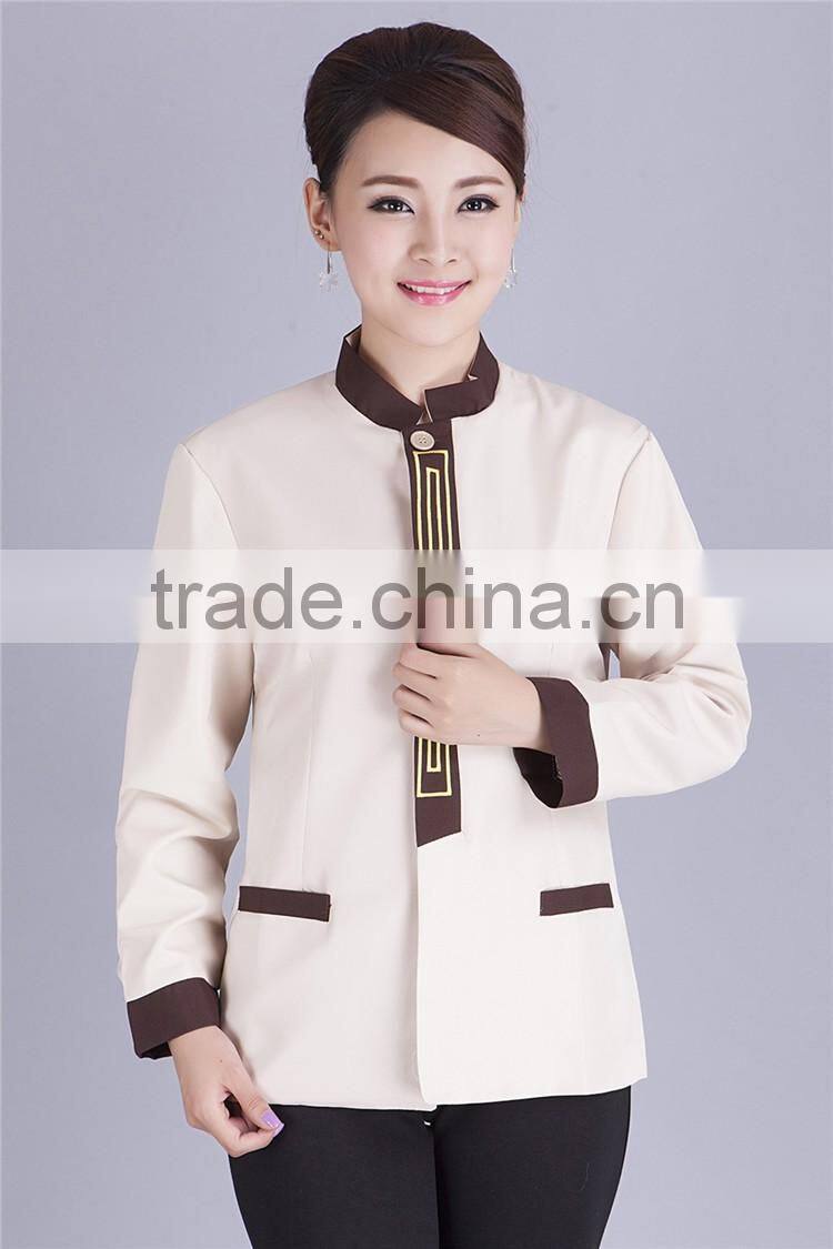Juqian Wholesale cheap beige fashional design korean collar anti-foul hotel cleaner workwear work uniform
