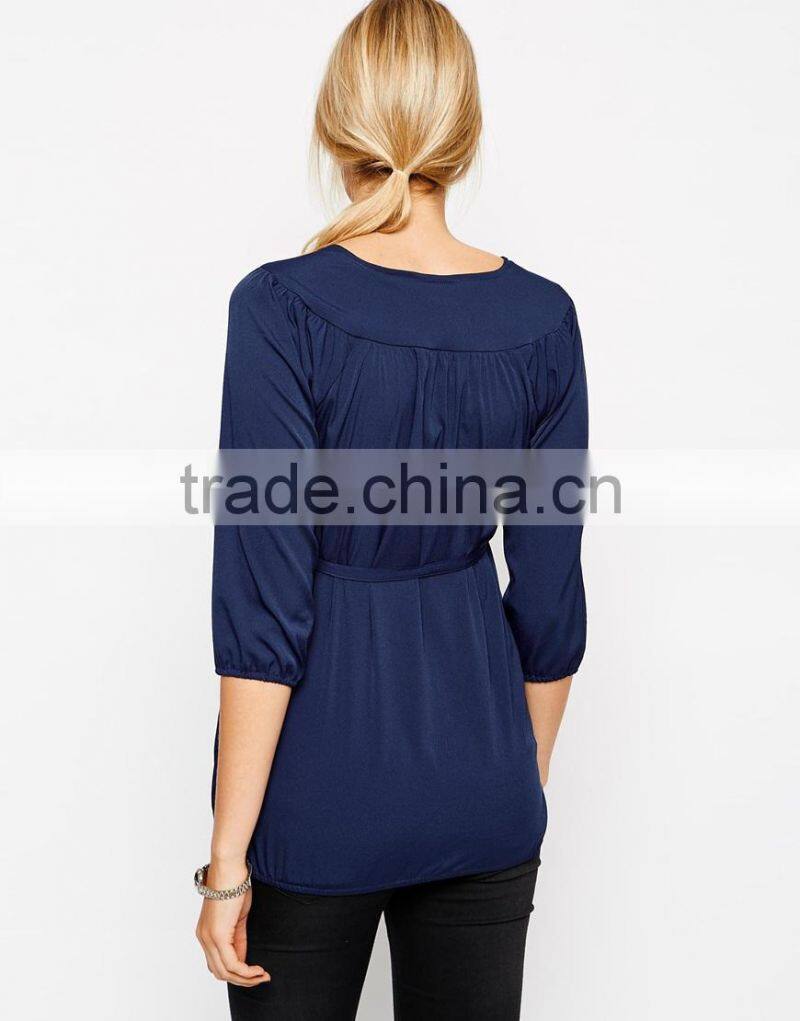 2014 wholesale maternity clothes 3/4 Sleeve V-Neck Blouse With Tie Belt