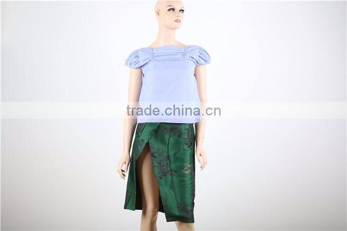 short sleeve blue women fashion cutting blouse with side zipper