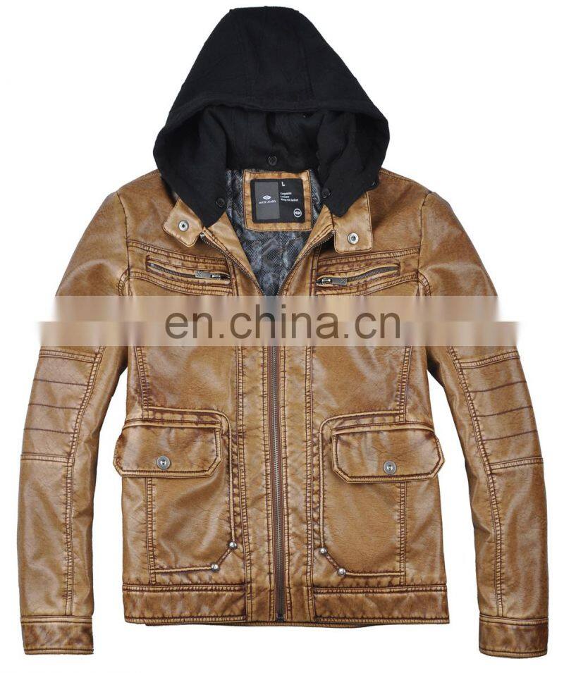 2015 last fashion handsome warm mens hooded leather jacket