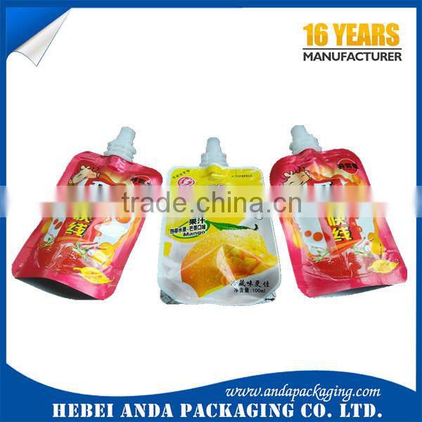 Liquid stand up pouch with spout /plastic water bag /fruit juice packaging bag