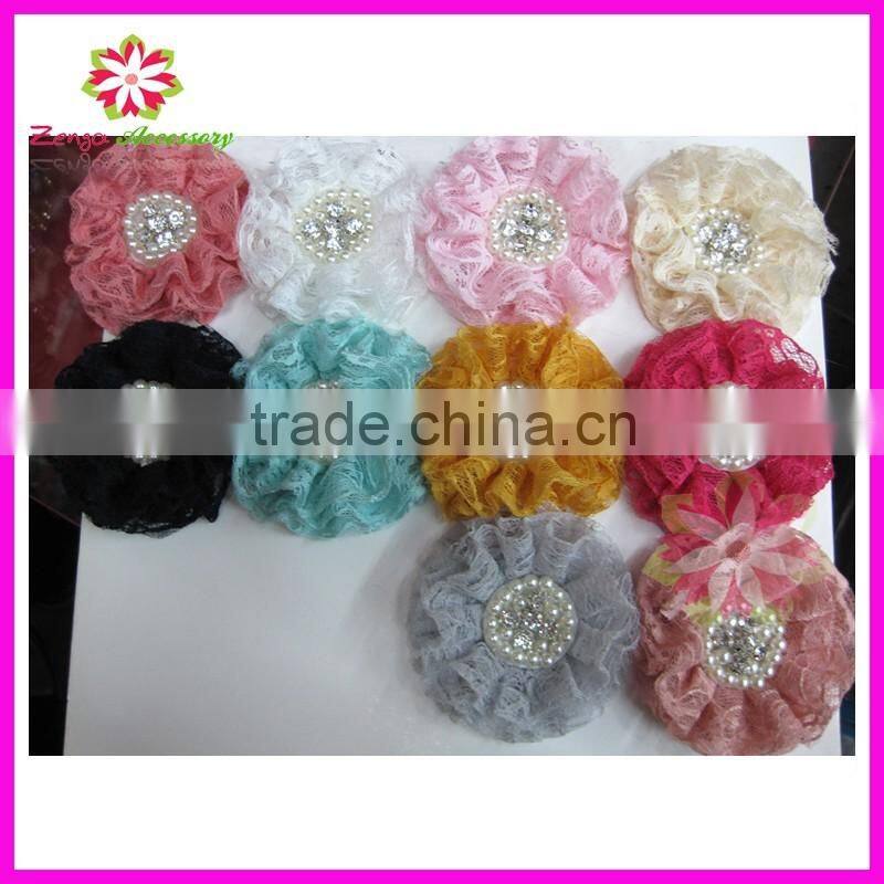 Beaded lace chiffon fabric flowers for wedding dresses,pearl center chiffon lace flower, pearls rhinestone chiffon lace flower