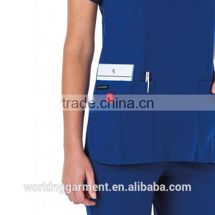 Wholesale OEM Classic Women's 6 Pocket Jewel Neck Solid Scrub/Nurse Uniform/Medical Scrubs /Hospital Uniform Top
