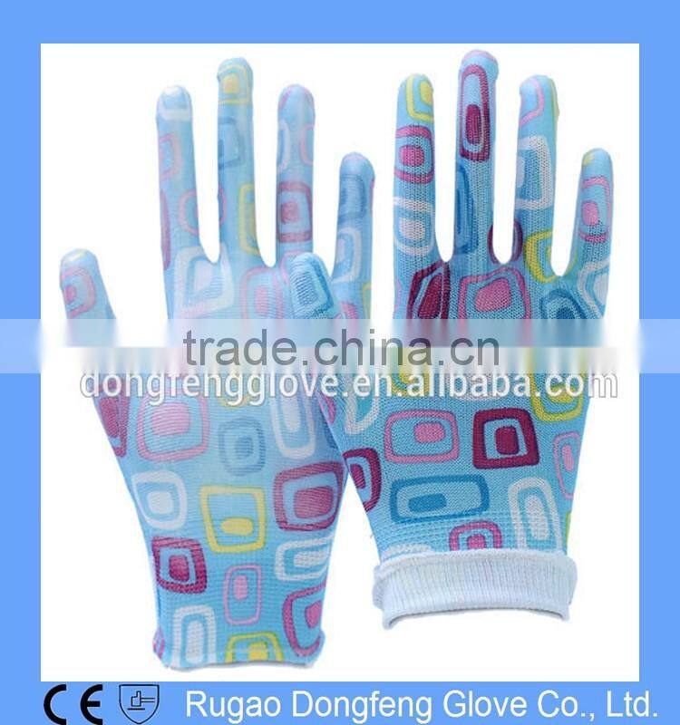 Polyester Printing Transparent Nitrile Coated Gardening Gloves