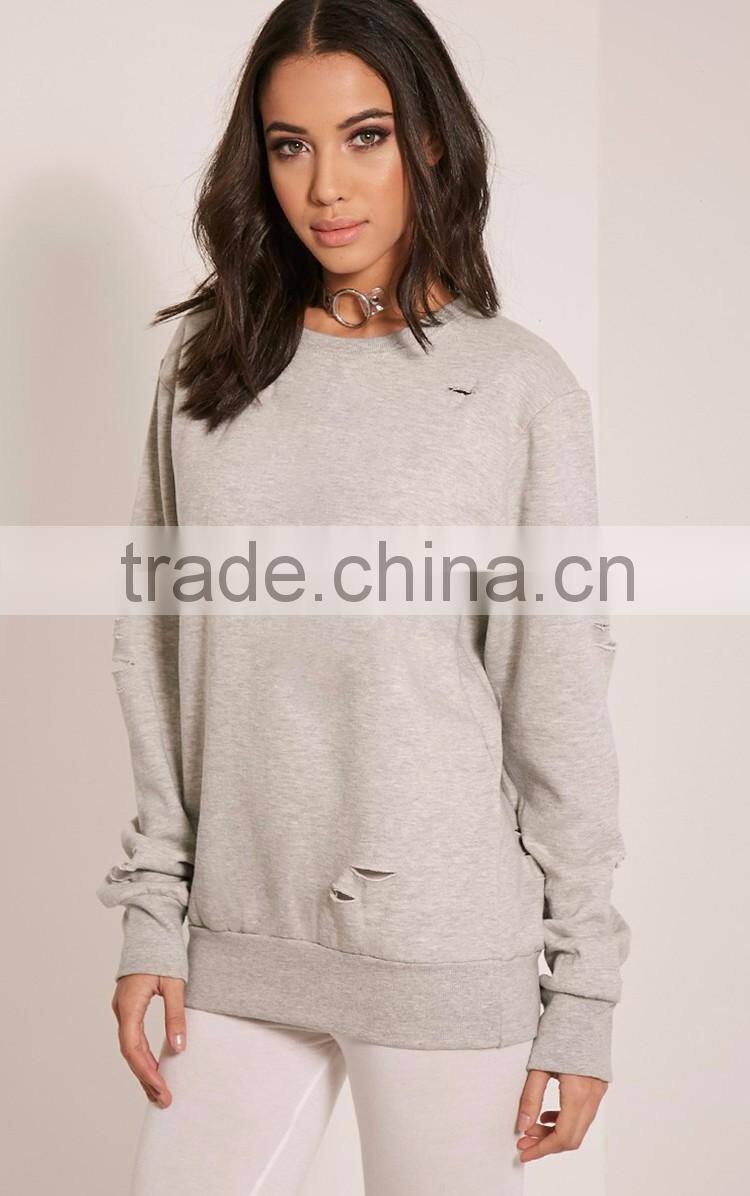American style hoodies, Grey Ripped Oversized Sweatshirt, high quality cotton hoodies for women