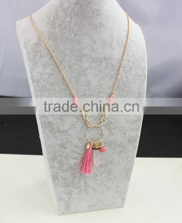 2015 Newest Long Tassel Pink Natural Stone Pendant Necklace
