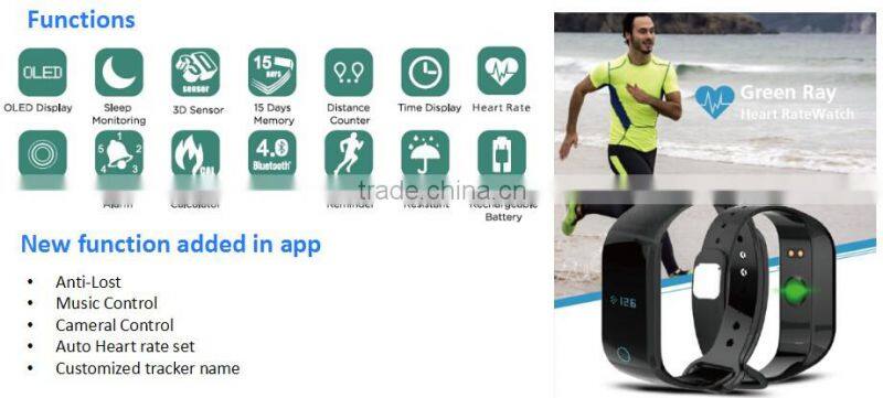 Bluettooth Green Ray Heart Rate Bracelet similar with fibit Tracker