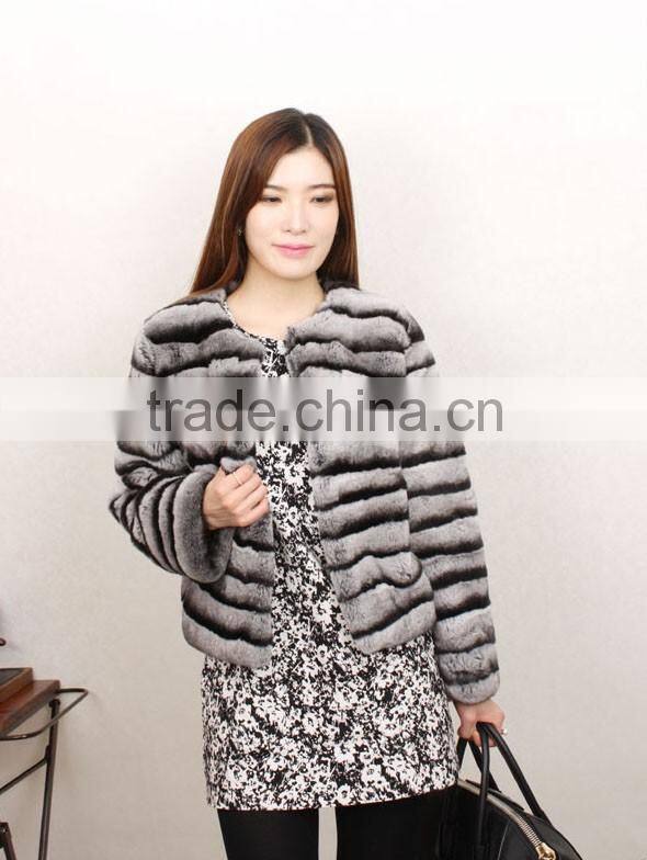 Luxurious Real Chinchilla Rex Rabbit Fur Coat For Sexy Women / Long Fur Overcoat
