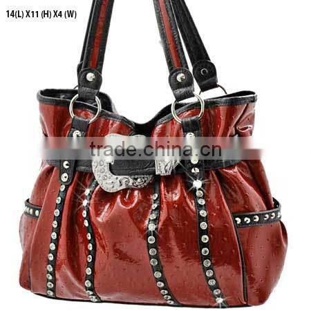 WESTERN RHINESTONE STUDDED BLACK OSTRICH LEATHER HANDBAG FACTORY