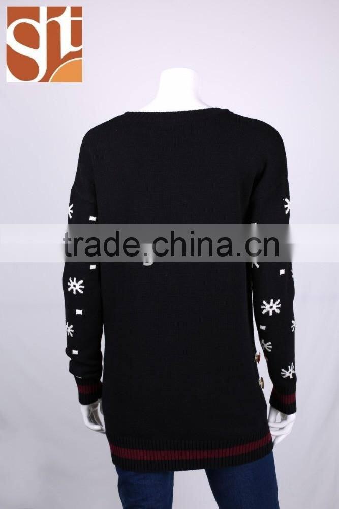 Ladies' new design beautiful round neck long sleeve pullover knitted sweater with jacquard