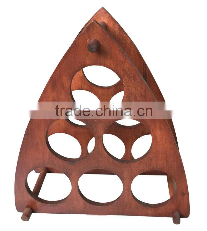 Triangle and 6 Holes Red Wooden Wine Bottle Holder on the Table or Cellar