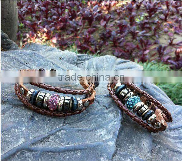 China style maked leather beaded bracelets with crystal bead