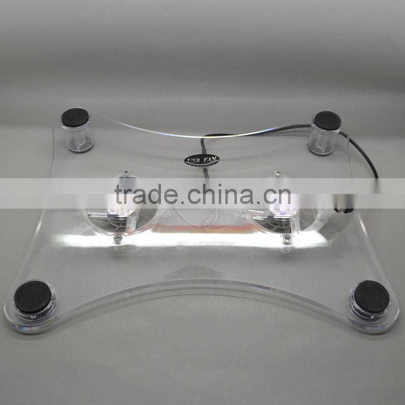 cheap stock selling 2.2mm transparent LAPTOP COOLER COOLING PAD 2 FAN with light FOR LAPTOP Notebook