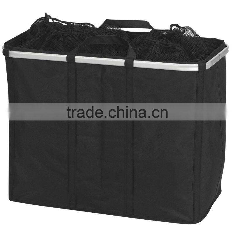 Collapsible Crush Double Sorter Laundry Hamper with Mesh Top and Aluminum Rim, Black