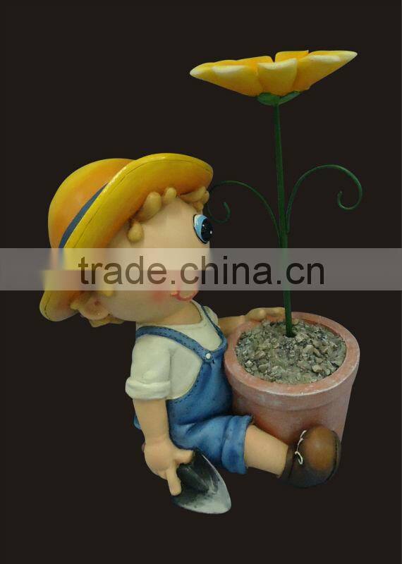 2014 new design cute cartoon boy sitting with flower pot outdoor balcony pot garden decoration