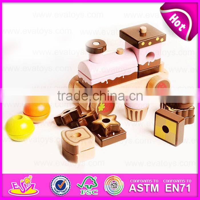New Wooden Train EN71 ASTM Three Carriages Cake Train,Hot Sell Wooden blocks Chocolate Cake Train Set W05C026