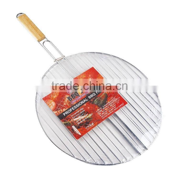 Round bbq grill rack with wooden handle