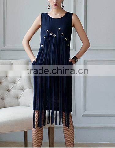 fashion clothing OEM star detailing sleeveless midi women tassels dress