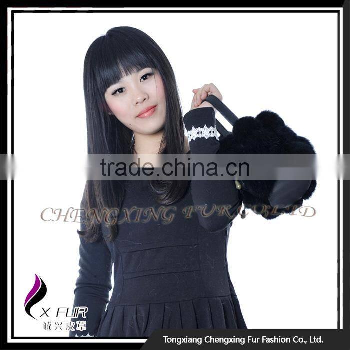 CX-H-08 High Quality Black Genuine Rabbit Fur Hand Bag Fur Pom Pom